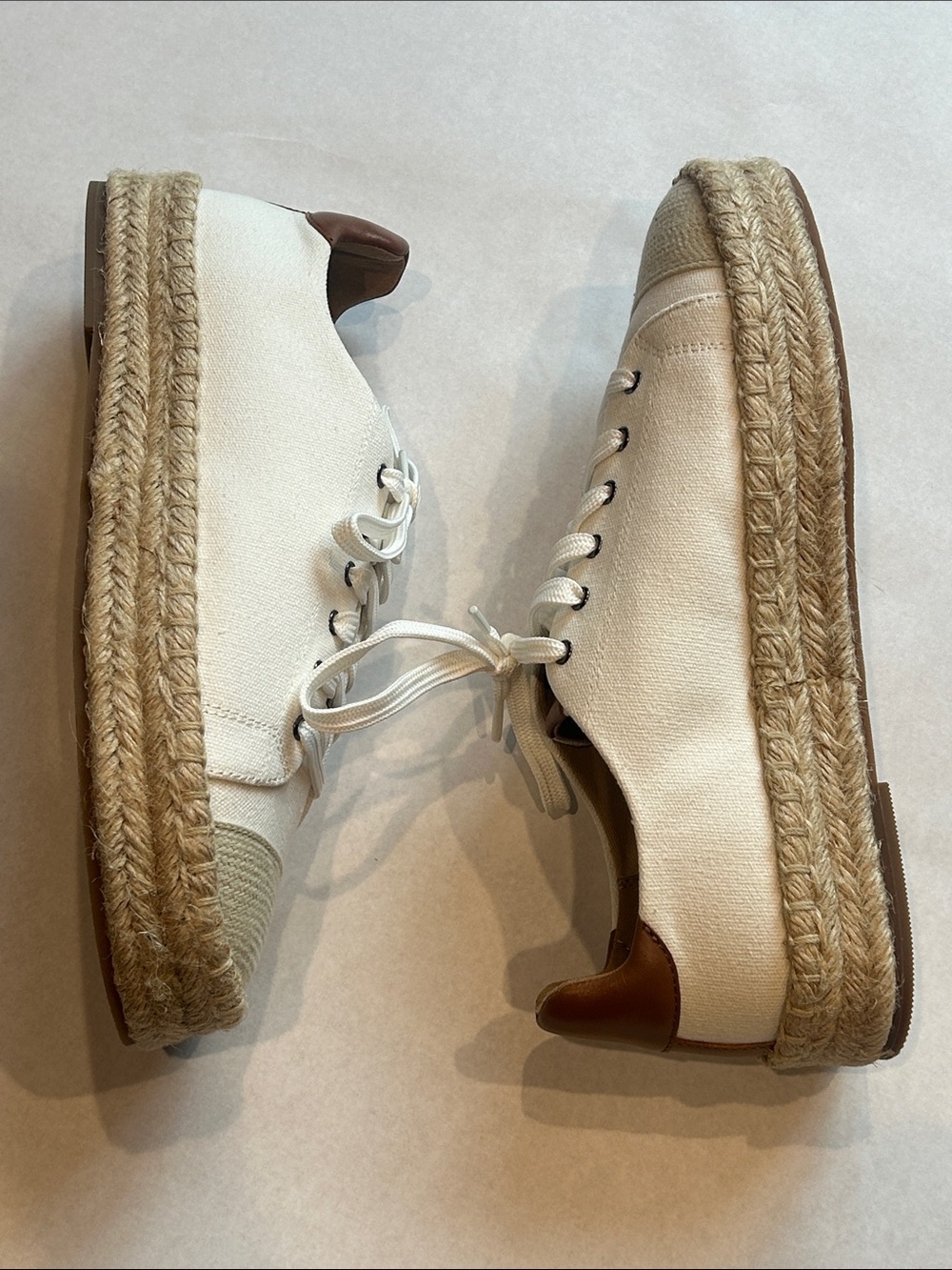 Paolo Linen Cream Canvas Espadrille Sneakers Brown Cognac Trim 11 women’s new